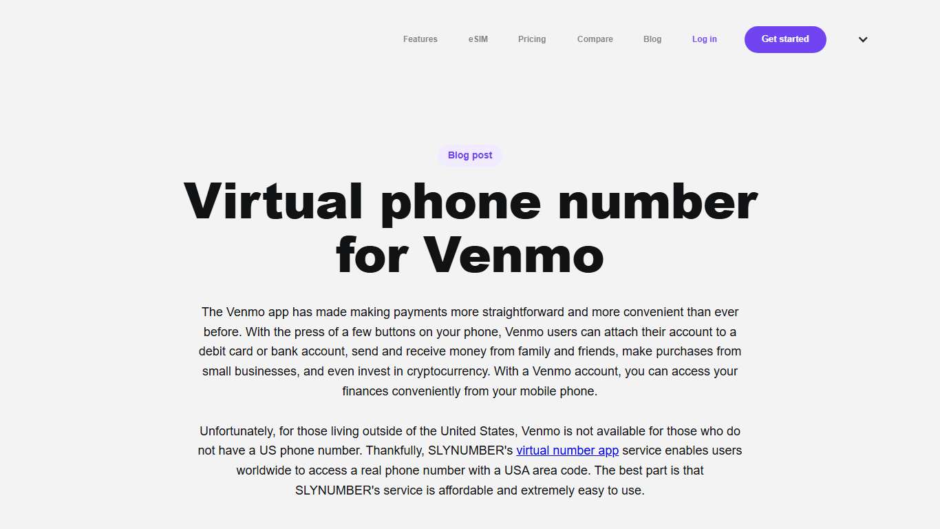 Virtual phone number for Venmo SLYNUMBER